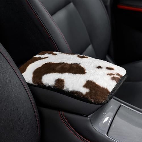 BubabyZZ Furry Car Cow Print Armrest Cover Cute Plush Center Console Pad Cars Interior Accessories for Women Men Plush Protector Fit Most Auto Vehicle SUV Truck Arm Rest Box Brown - Image 1