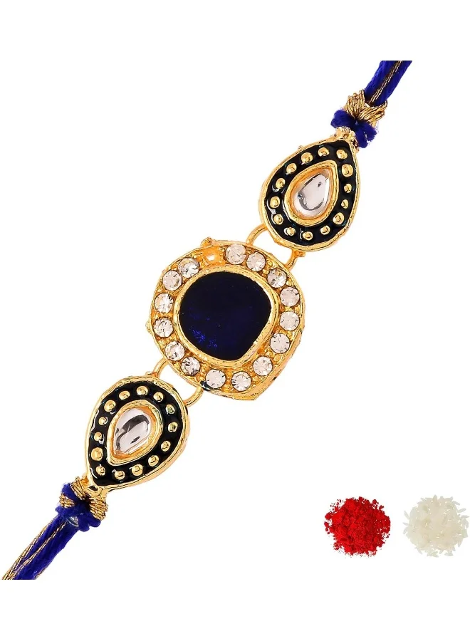VOYLLA Faux Kundan Gems Blue And Gold Thread Rakhi