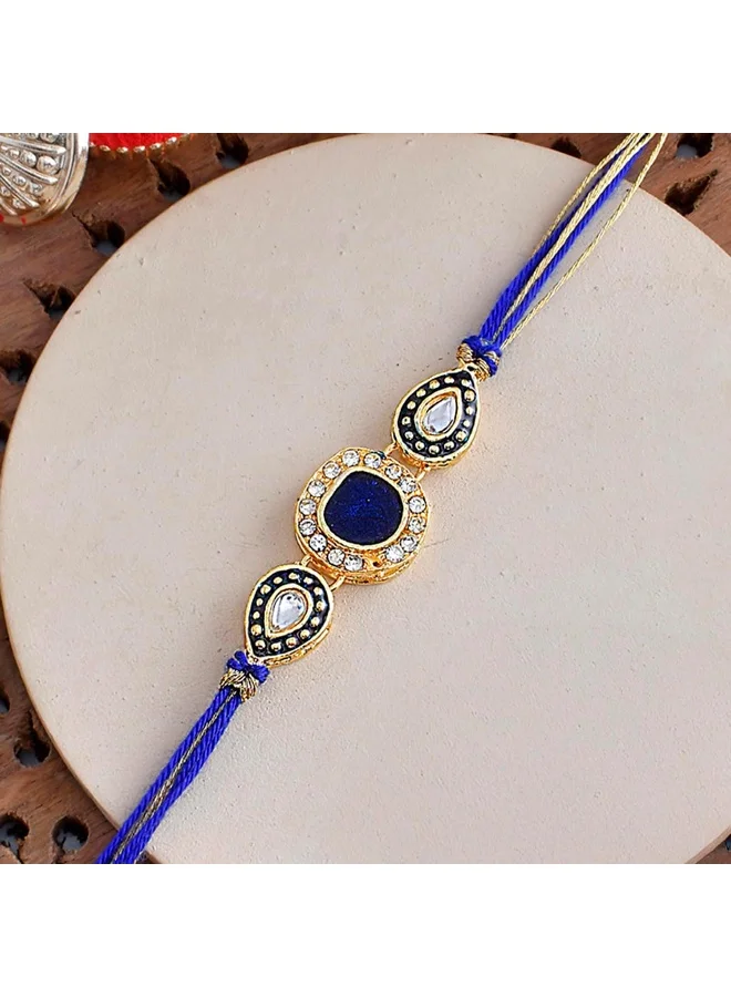 VOYLLA Faux Kundan Gems Blue And Gold Thread Rakhi