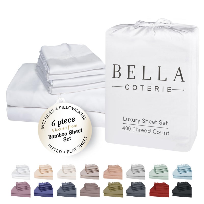 BC BELLA COTERIE Bella Coterie 6 Piece Luxury Bamboo Viscose Queen Size Sheet Set | 100% Organically Grown | Cooling for Hot Sleepers | 18" Deep Pocket | Soft & Hypoallergenic | 4 Pillowcases [White] - Image 1