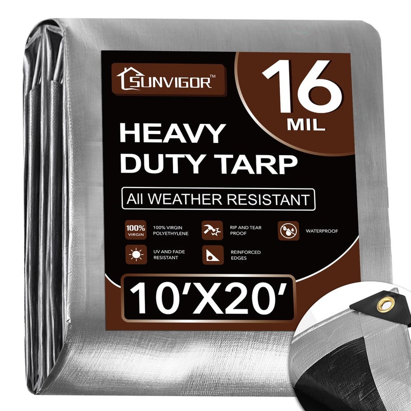 Tarp 10x20FT Extra Thick 16Mil Heavy Duty Waterproof Tarps with Brass Grommets and Reinforced Edges Tear  Fade Resistant 100 UV Blocking Outdoor Tarp for Roof Camping Patio Pool Boat Silver