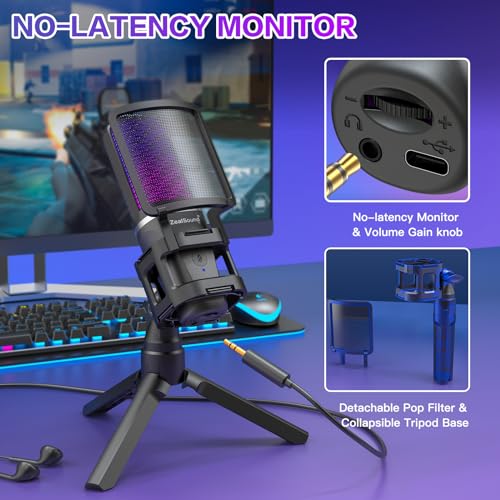 ZealSound Gaming USB Microphone for PC Mac iPhone & Android, Podcast Mic with Noise Cancellation, Touch Mute, RGB Light, Volume & Monitor Control, for Streaming Podcasting ASMR TikTok Discord YouTube - Image 3