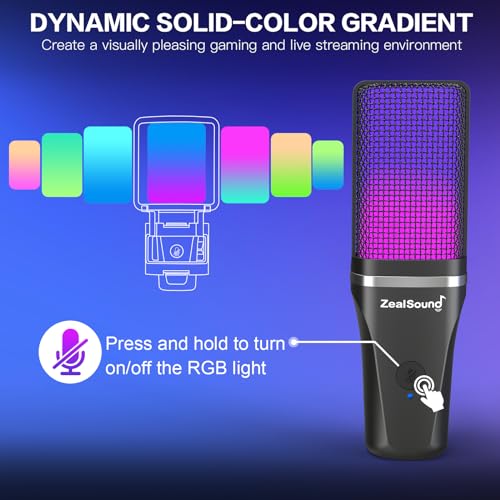 ZealSound Gaming USB Microphone for PC Mac iPhone & Android, Podcast Mic with Noise Cancellation, Touch Mute, RGB Light, Volume & Monitor Control, for Streaming Podcasting ASMR TikTok Discord YouTube - Image 2