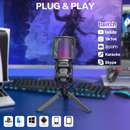ZealSound Gaming USB Microphone for PC Mac iPhone & Android, Podcast Mic with Noise Cancellation, Touch Mute, RGB Light, Volume & Monitor Control, for Streaming Podcasting ASMR TikTok Discord YouTube - Image 5