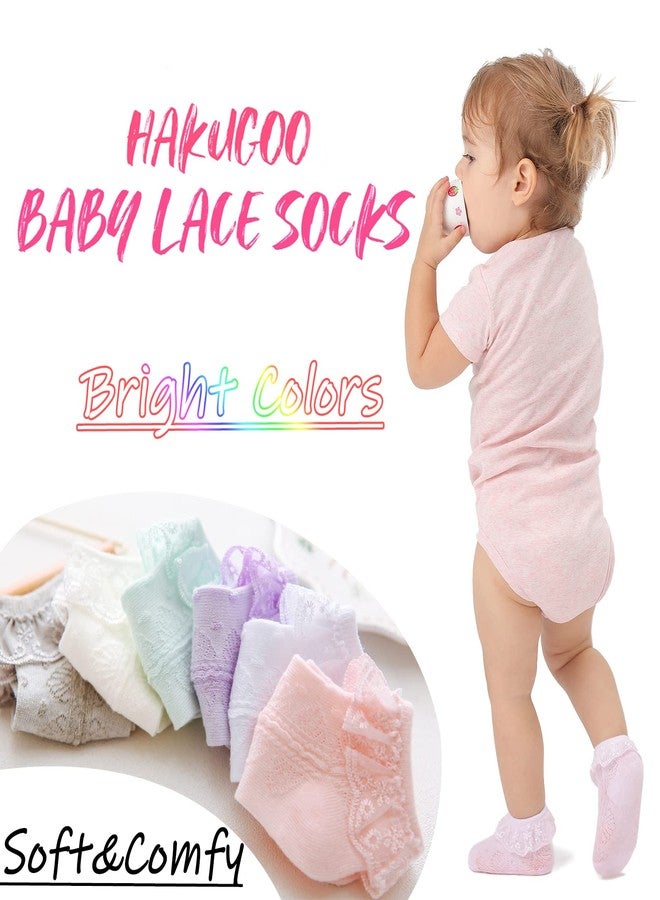hakugoo Baby Girl Lace Socks Eyelet Ruffle Socks 6 Pairs Pack Princess Dress Socks Infant Toddler, White Ivory Pink Purple Green Grey,6-12 Months - Image 2
