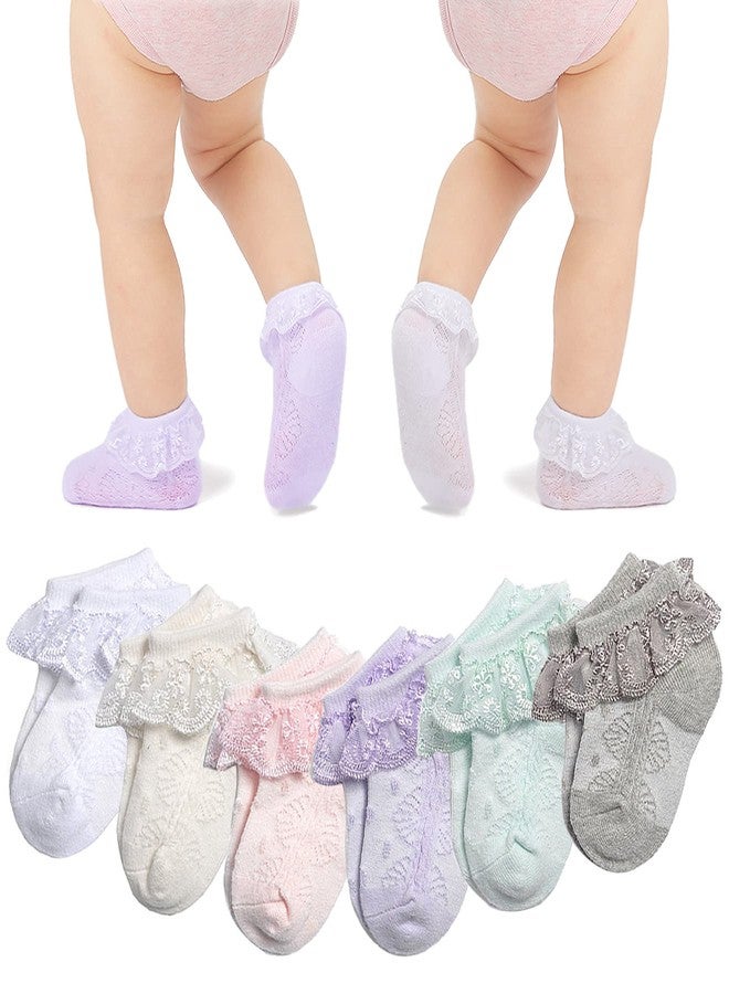 hakugoo Baby Girl Lace Socks Eyelet Ruffle Socks 6 Pairs Pack Princess Dress Socks Infant Toddler, White Ivory Pink Purple Green Grey,6-12 Months - Image 1