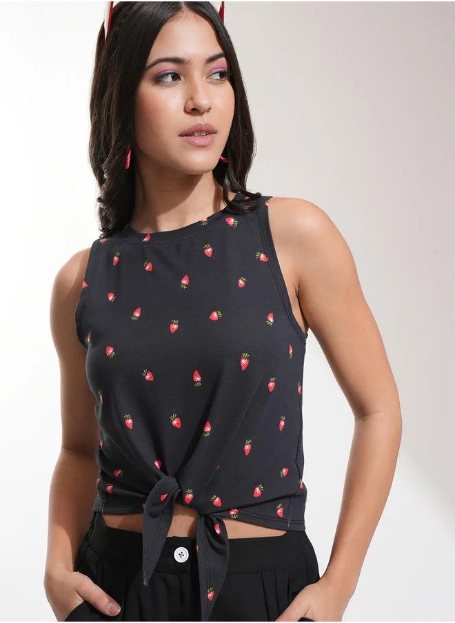 طوكيو توكيز Graphic Print Round Neck Top with Tie-Up Neck