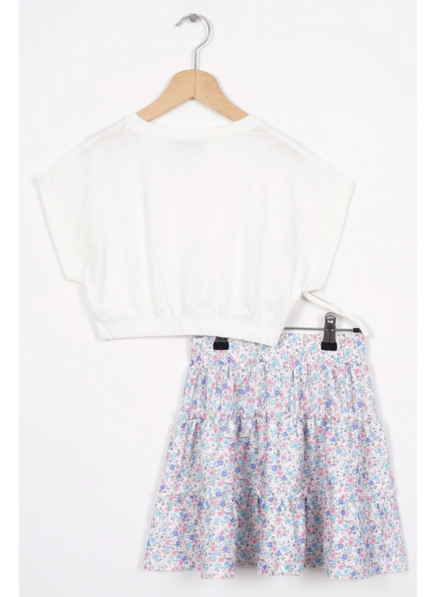 Zepkids Elastic Waist Double Sleeve Flowered Blue Color Girl Skirt Suit