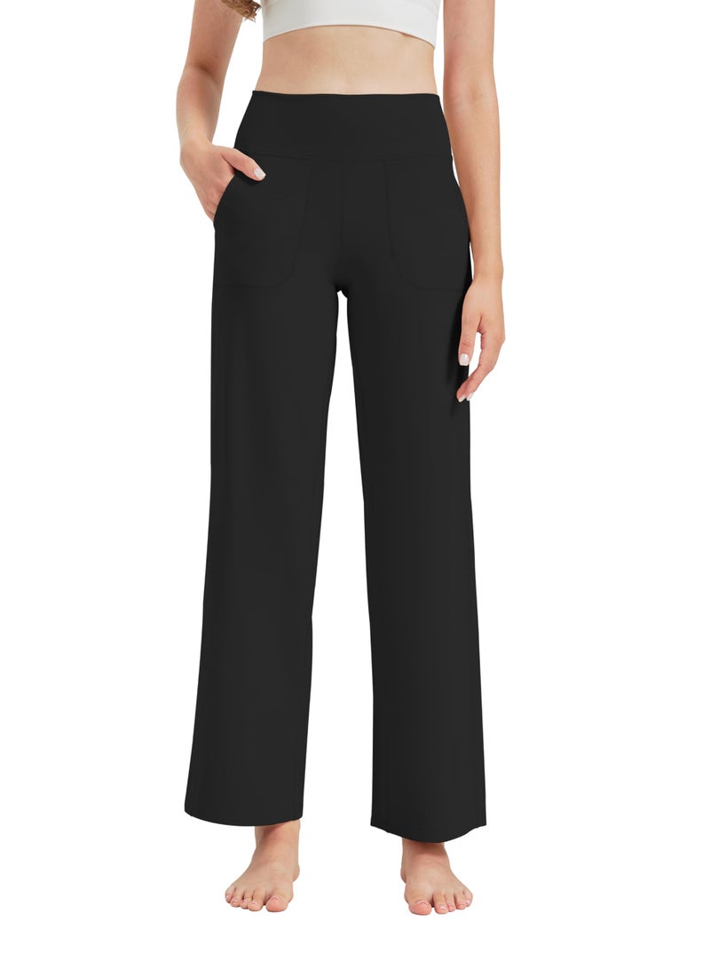 VIMPEP Wide Leg Pant Women with Pockets High Waist Loose Yoga Pants Stretch Gym Dress Casual Sweatpants Petite 107 31 Black M - Image 1