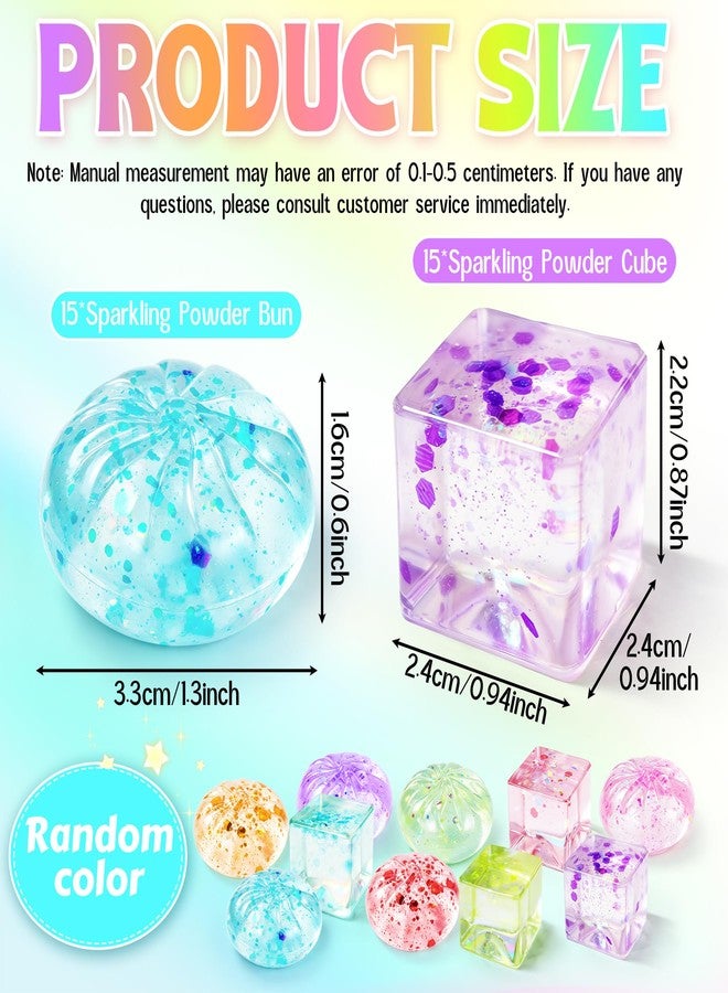 XPQKDC 30Pcs Squeeze Toys Kit, Mini Glitter Dumpling Toy and Ice Cube Squishies Stress Balls, Taba Squishies Sugar Glitter Dumpling, Stress Cube Fidget Toys Kids Party Favors Classroom Prizes (Random Color) - Image 2