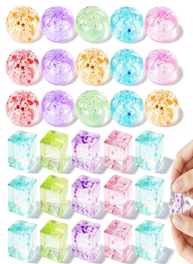 XPQKDC 30Pcs Squeeze Toys Kit, Mini Glitter Dumpling Toy and Ice Cube Squishies Stress Balls, Taba Squishies Sugar Glitter Dumpling, Stress Cube Fidget Toys Kids Party Favors Classroom Prizes (Random Color) - Image 1