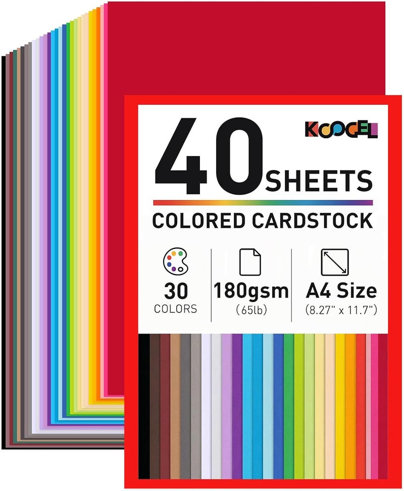 Koogel 40 Sheets Colored Cardstocks, 8.5 x 11 Inches/ 180gsm Art Craft Paper 30 Colors Scrapbook Paper for DIY Crafts Card Making, Scrapbook, Back to School Supplies - Image 1