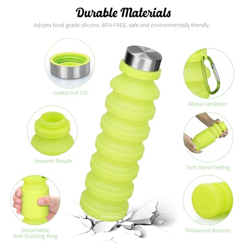 Nefeeko Collapsible Water Bottle, 18floz Reuseable BPA Free Silicone Foldable Water Bottles for Travel Gym Camping Hiking, Portable Leak Proof Sports Water Bottle with Carabiner - Image 3