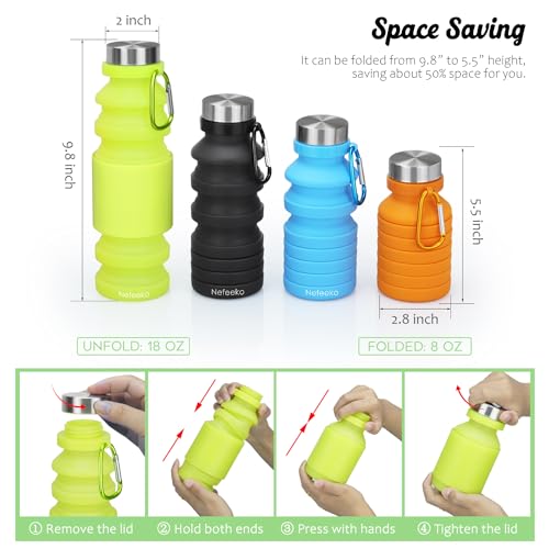 Nefeeko Collapsible Water Bottle, 18floz Reuseable BPA Free Silicone Foldable Water Bottles for Travel Gym Camping Hiking, Portable Leak Proof Sports Water Bottle with Carabiner - Image 2