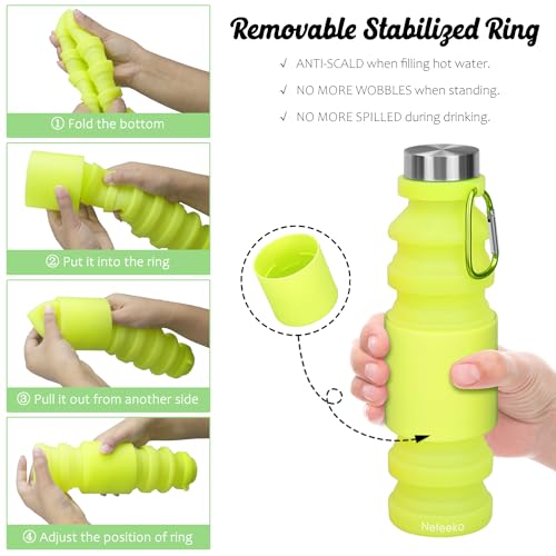Nefeeko Collapsible Water Bottle, 18floz Reuseable BPA Free Silicone Foldable Water Bottles for Travel Gym Camping Hiking, Portable Leak Proof Sports Water Bottle with Carabiner - Image 5