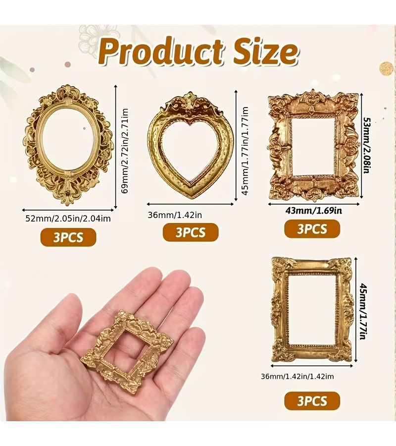 Vintage Mini Picture Frames 12pcs Golden Baroque Resin Home Decor Display Case - Image 3