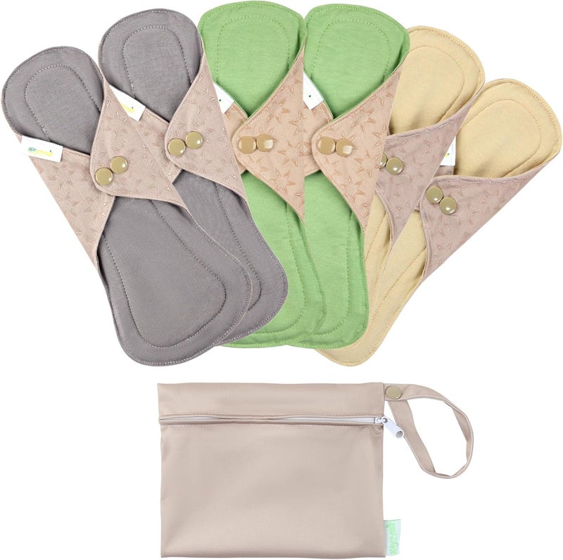 wegreeco 6 Pcs Reusable Menstrual Pads, Ultra Absorbent Cloth Pads for Heavy Flow, Sanitary Pads for Teens, Women, Nonslip, Inner Mustard Yellow, Grey, Beige, Rose Gold Outer, M