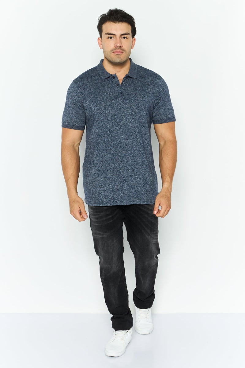 Threadbare Men Regular Fit Short Sleeve Heather Polo Shirt, Navy - Image 1