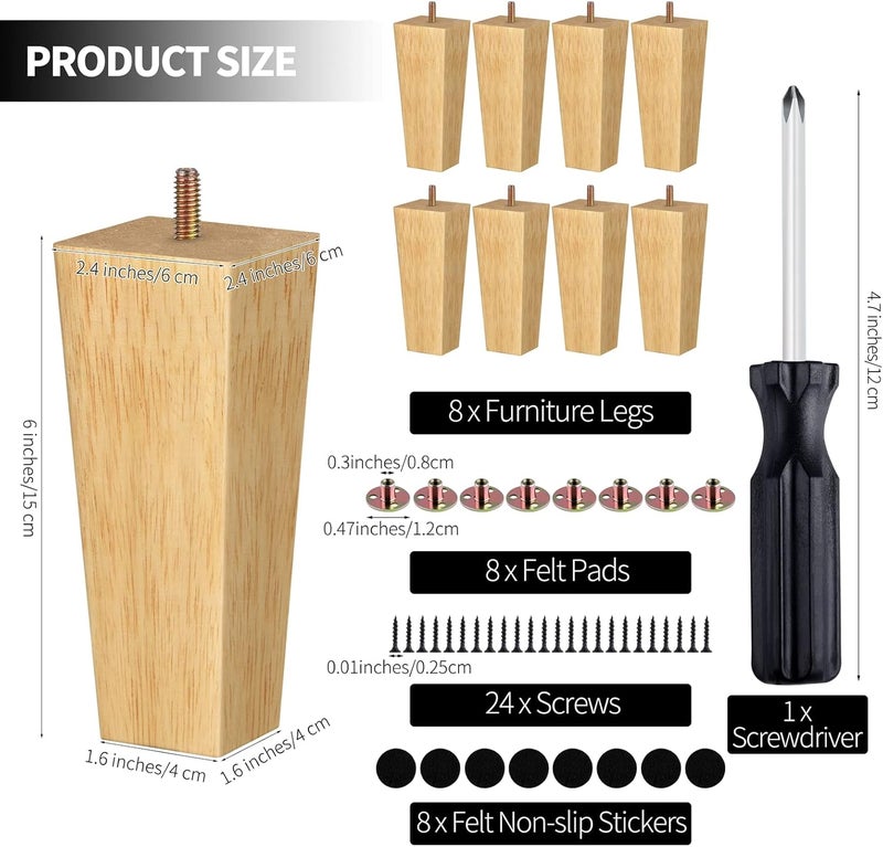 TURSTIN Set of 8 Furniture Legs 6 Inch Square Solid Wood Couch Legs Replacement Sofa Legs Mid Century Furniture Feet for Armchair Bed Dresser Cabinet Include Installation Hardware, Natural - Image 2