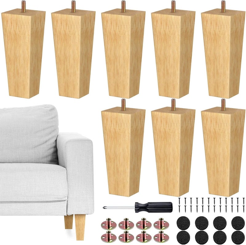 TURSTIN Set of 8 Furniture Legs 6 Inch Square Solid Wood Couch Legs Replacement Sofa Legs Mid Century Furniture Feet for Armchair Bed Dresser Cabinet Include Installation Hardware, Natural - Image 1