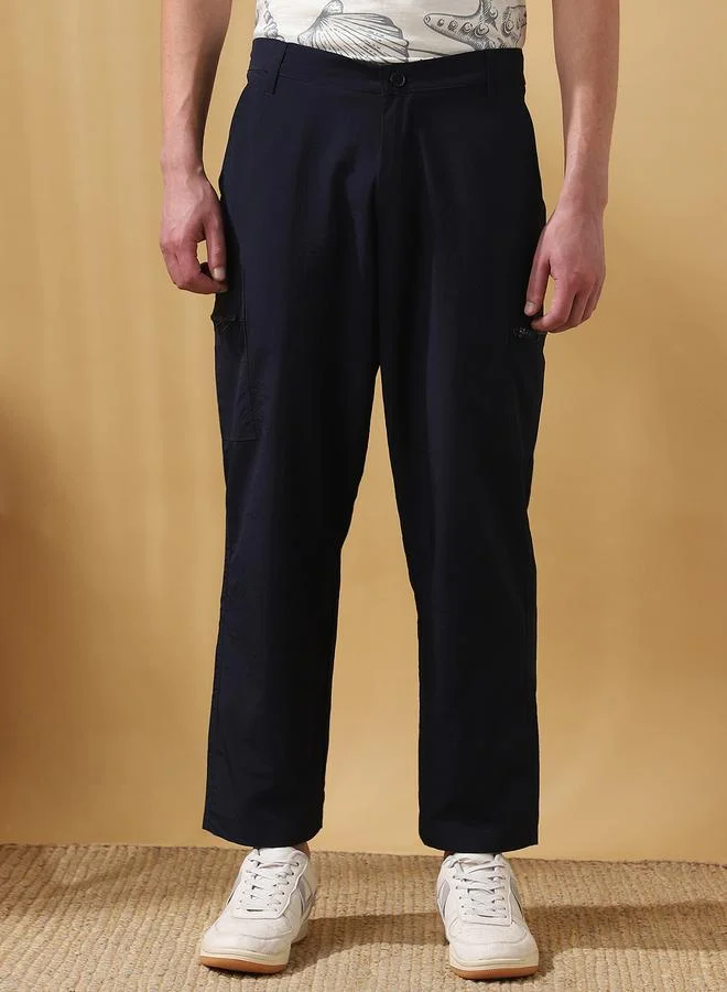 Dennis Lingo Men's Navy 100% Nylon Solid Pattern Full Length Cargo Straight Fit Trouser