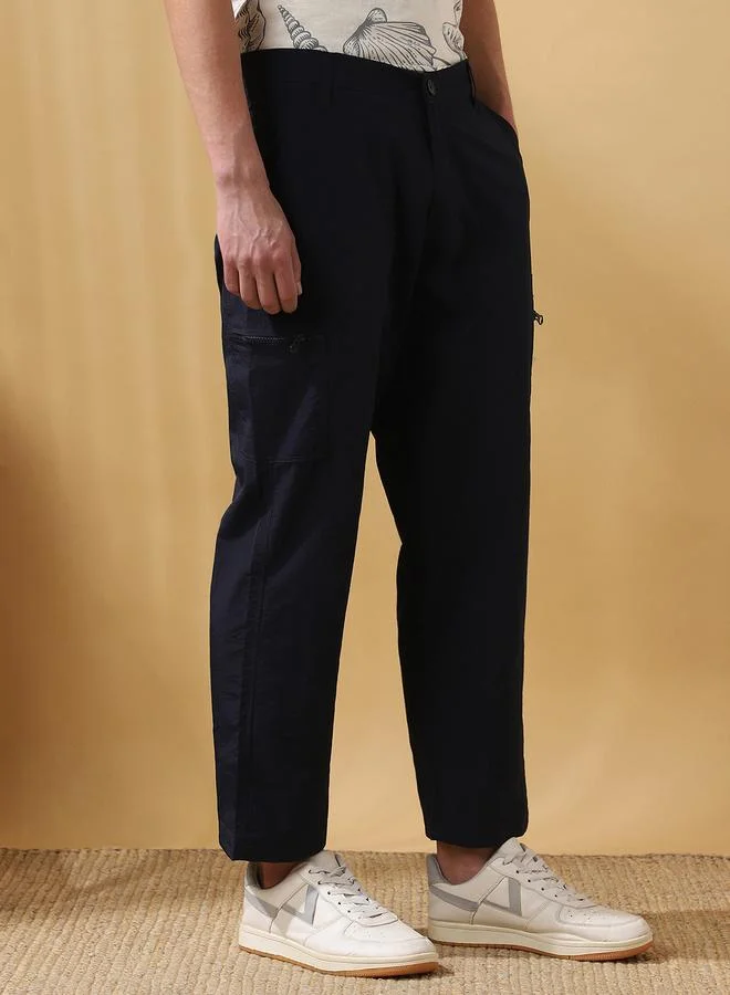 Dennis Lingo Men's Navy 100% Nylon Solid Pattern Full Length Cargo Straight Fit Trouser