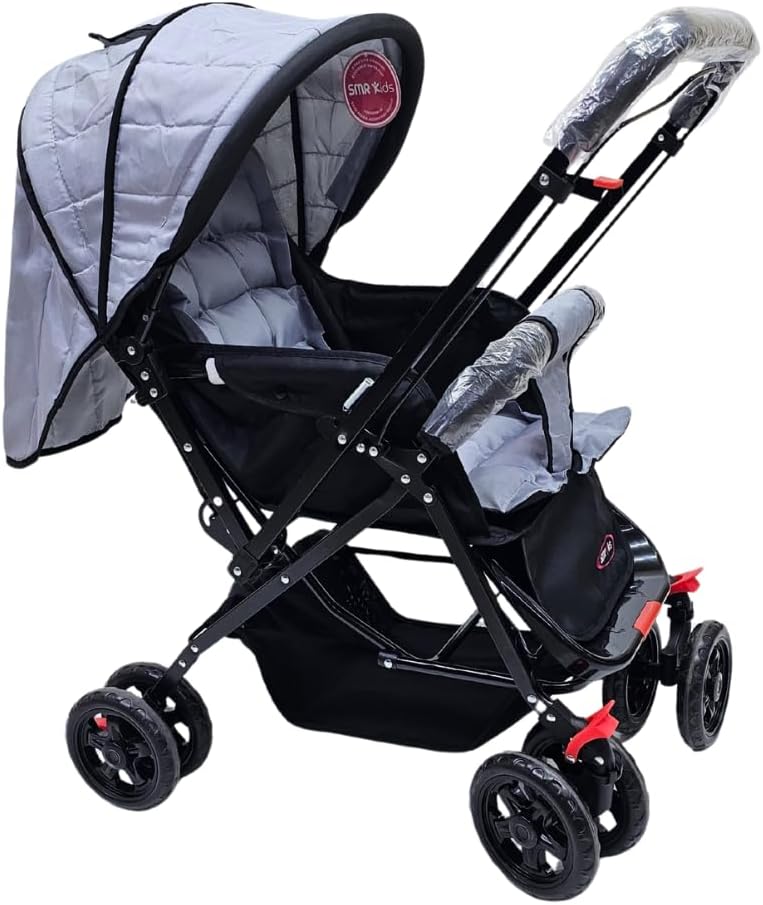SMR Kids Foldable Stroller - Front/Rear Swivel Handle, Wide Canopy, Storage Basket - Image 4