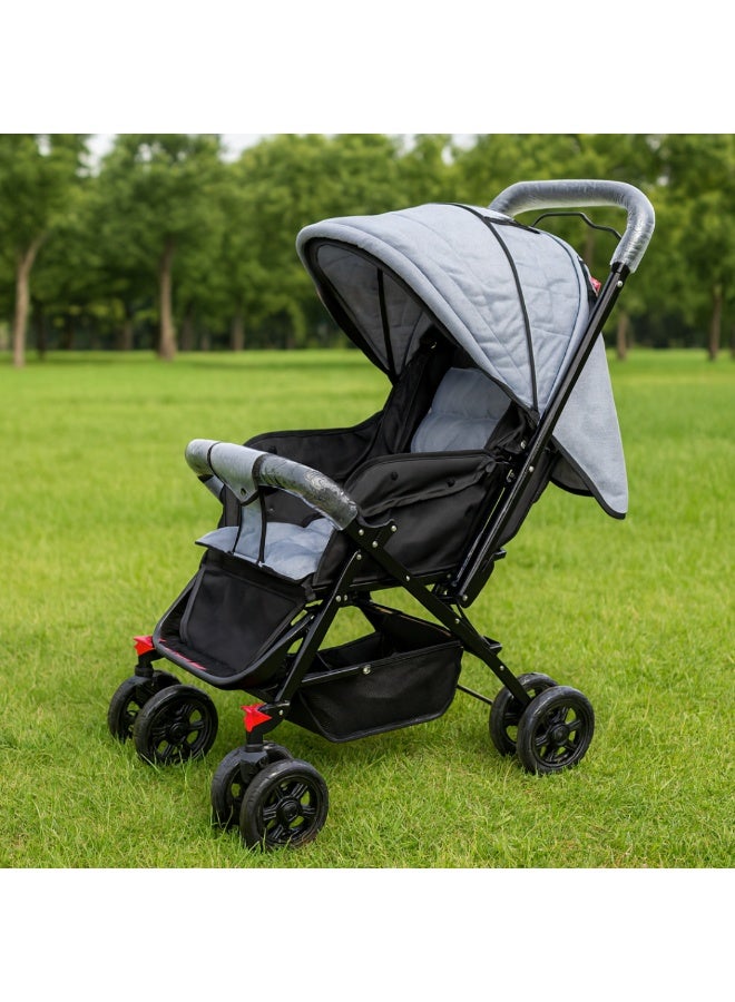 SMR Kids Foldable Stroller - Front/Rear Swivel Handle, Wide Canopy, Storage Basket - Image 1