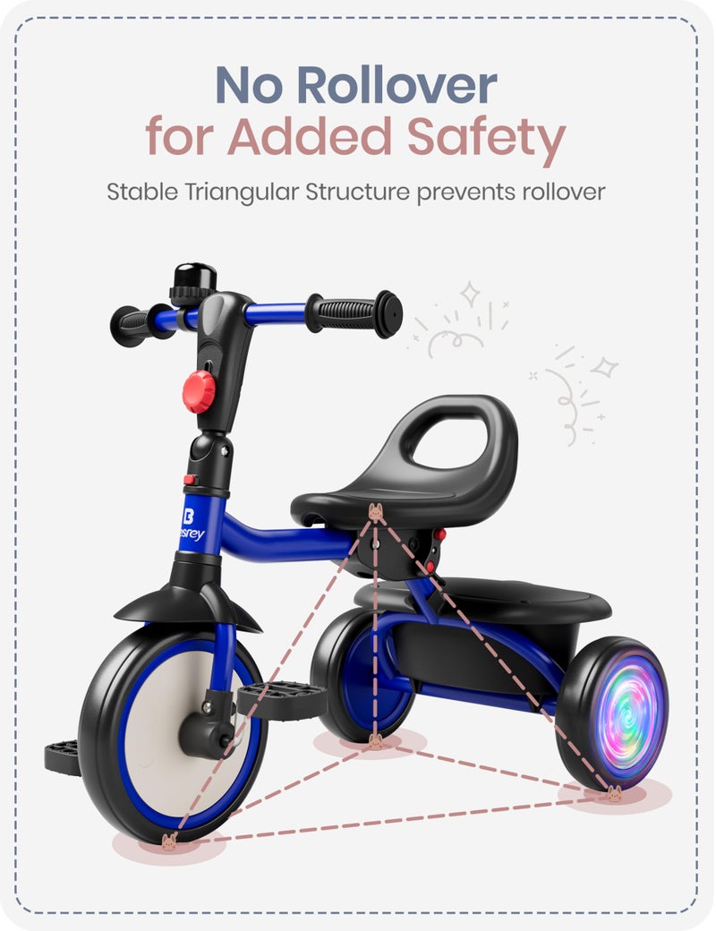 besrey Kids Tricycle with Flash Wheels for Ages 18 Months to 5 Years, Toddler Tricycle with Bell, Kids Tricycle, Gift for 2-5 Year Olds, Gift and Toy for Boys and Girls, Tricycle for Toddlers, Blue - Image 5