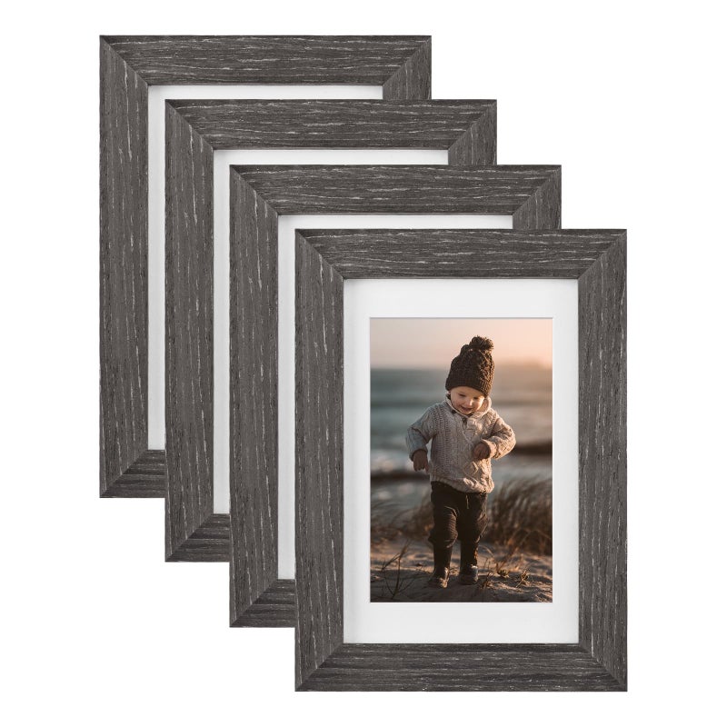 KINLINK 4x6 Picture Frames Ash Black  Wood Frames with Acrylic Plexiglass for 3.5x5 with Mat or 4x6 without Mat  Tabletop and Wall Mounting Display  Set of 4 - Image 1