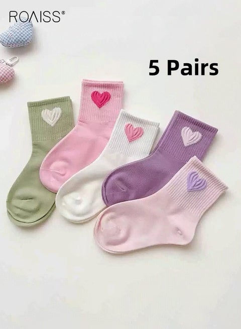 5 Pairs Socks Set for Girls, Mid-Calf Socks with Heart-shaped Pattern, Breathable Comfortable Crew Socks, Middle Tube Socks for Girls, Easy to Match with Clothes