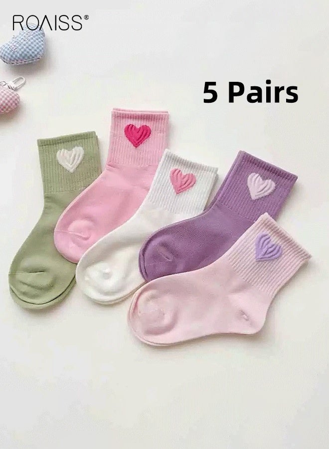 roaiss 5 Pairs Socks Set for Girls, Mid-Calf Socks with Heart-shaped Pattern, Breathable Comfortable Crew Socks, Middle Tube Socks for Girls, Easy to Match with Clothes - Image 1