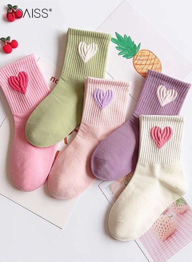 roaiss 5 Pairs Socks Set for Girls, Mid-Calf Socks with Heart-shaped Pattern, Breathable Comfortable Crew Socks, Middle Tube Socks for Girls, Easy to Match with Clothes - Image 2