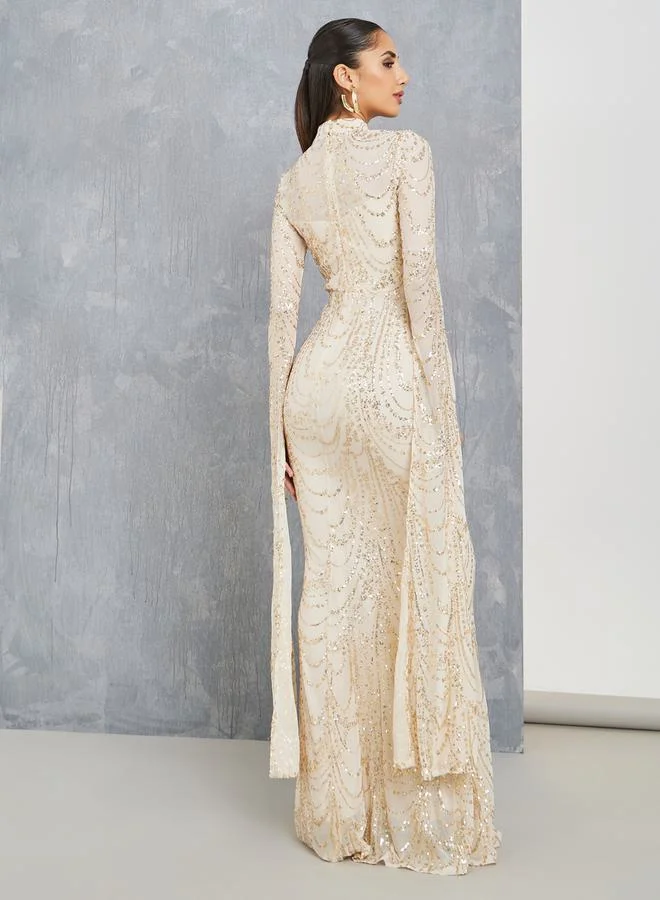 Take Two Sequined Mermaid Hem Bodycon Dress with Split Sleeve