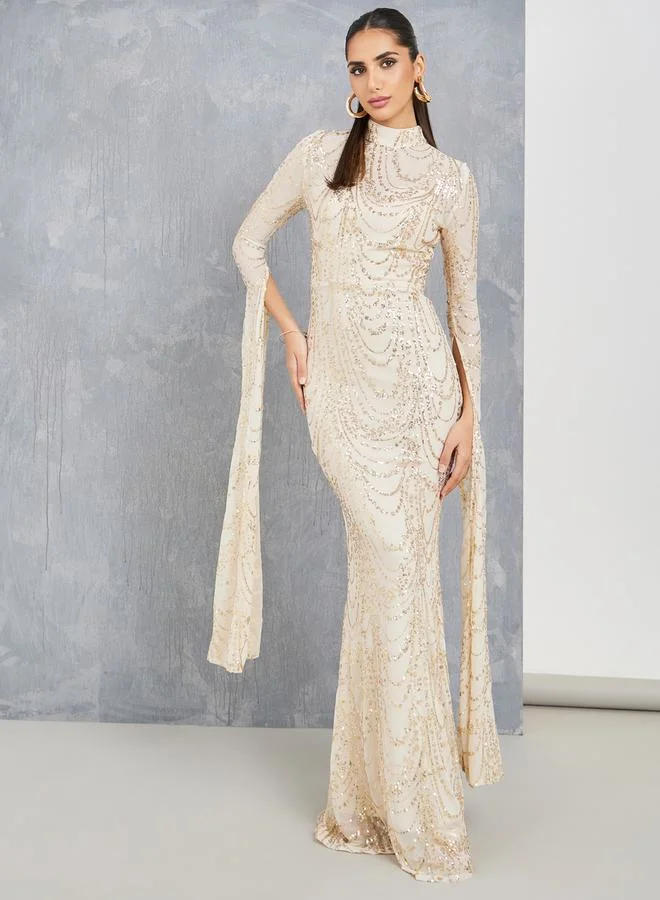 Take Two Sequined Mermaid Hem Bodycon Dress with Split Sleeve