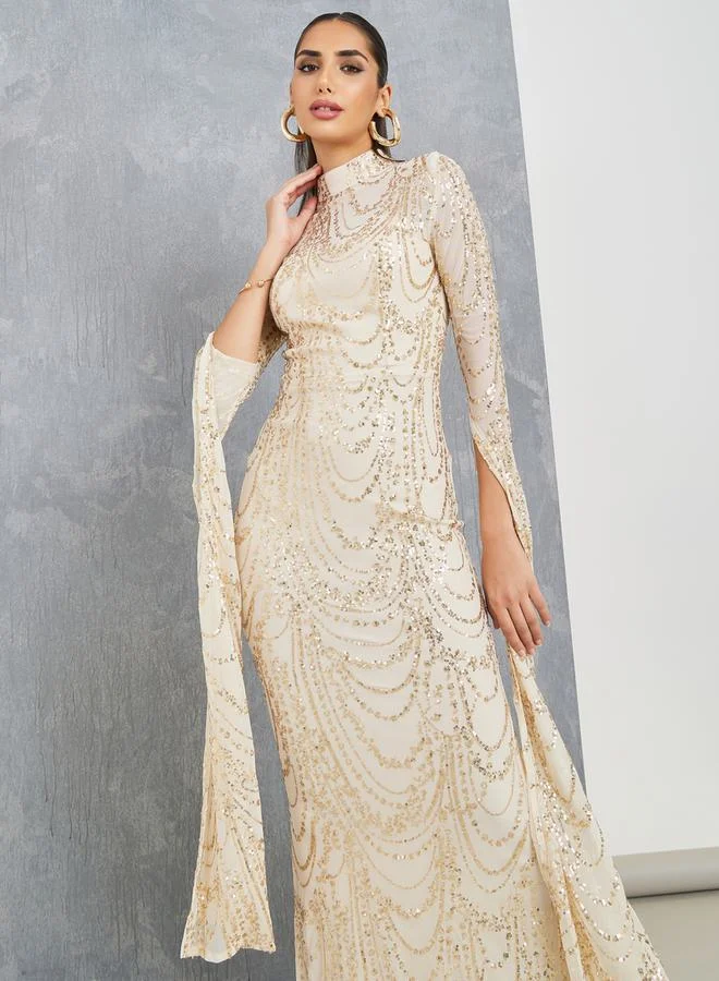 Take Two Sequined Mermaid Hem Bodycon Dress with Split Sleeve