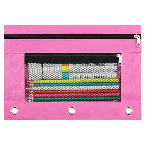 INNOIO 3 Ring Binder Pencil Pouch School Pencil Case with 2 Zippered Pockets Clear Mesh Window Pencil Bag B5 Size Back to School Gifts Pink - Image 1