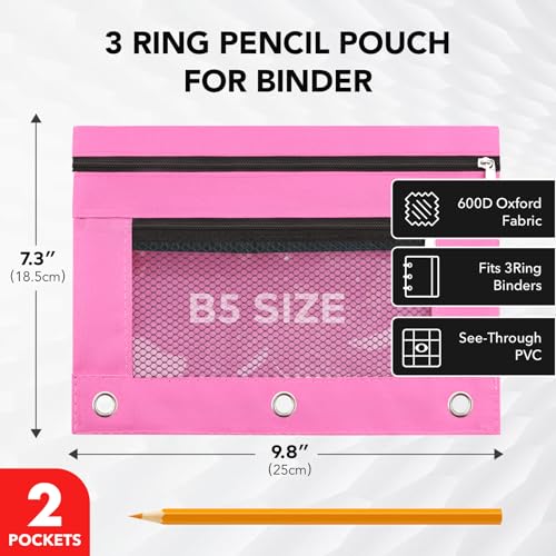 INNOIO 3 Ring Binder Pencil Pouch School Pencil Case with 2 Zippered Pockets Clear Mesh Window Pencil Bag B5 Size Back to School Gifts Pink - Image 3