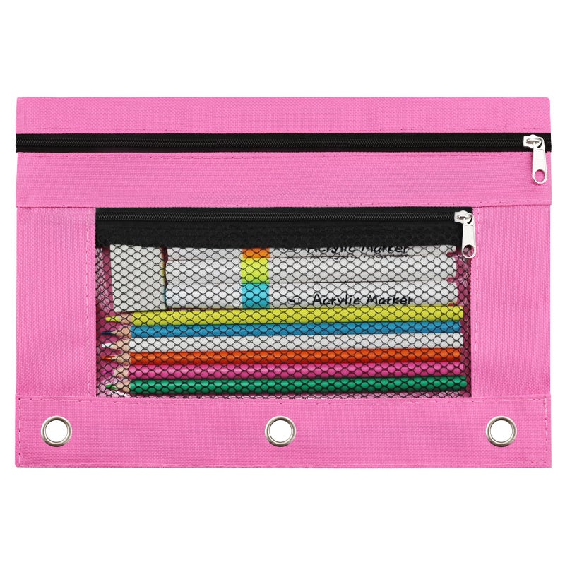 INNOIO 3 Ring Binder Pencil Pouch School Pencil Case with 2 Zippered Pockets Clear Mesh Window Pencil Bag B5 Size Back to School Gifts Pink - Image 2