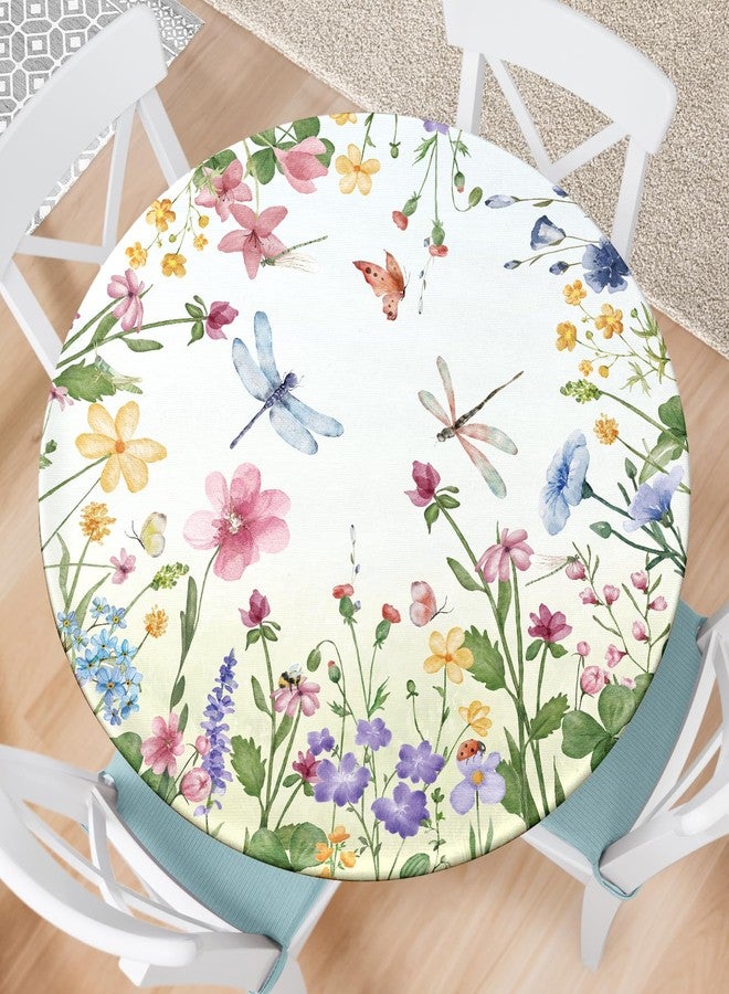 VBDFD Spring Summer Floral Round Fitted Tablecloth with Elastic Waterproof Outdoor Tablecloth Wipeable Table Cover for Indoor Kitchen Home Party Fits 44-48" Diameter Round Tables - Image 1