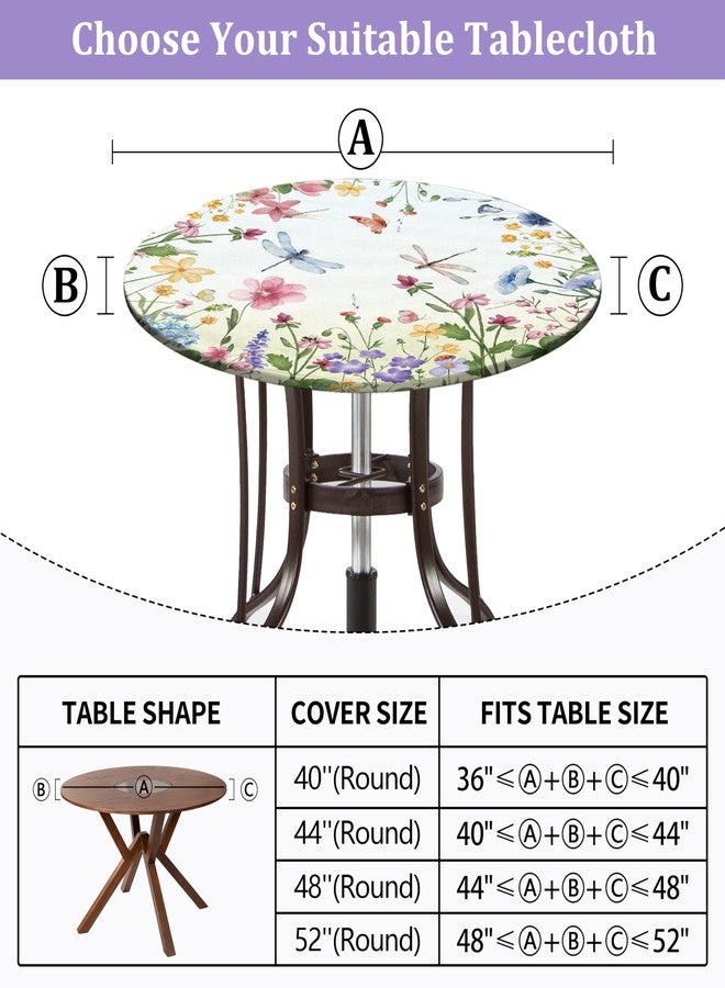 VBDFD Spring Summer Floral Round Fitted Tablecloth with Elastic Waterproof Outdoor Tablecloth Wipeable Table Cover for Indoor Kitchen Home Party Fits 44-48" Diameter Round Tables - Image 2
