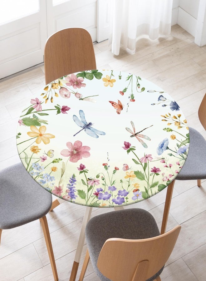 VBDFD Spring Summer Floral Round Fitted Tablecloth with Elastic Waterproof Outdoor Tablecloth Wipeable Table Cover for Indoor Kitchen Home Party Fits 44-48" Diameter Round Tables - Image 3