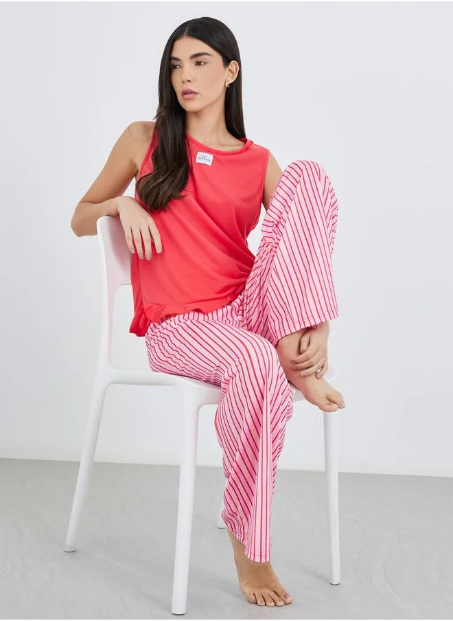 Styli Styli Women Coral Patch Detail Tank and Striped Placket Detail Pyjama Set