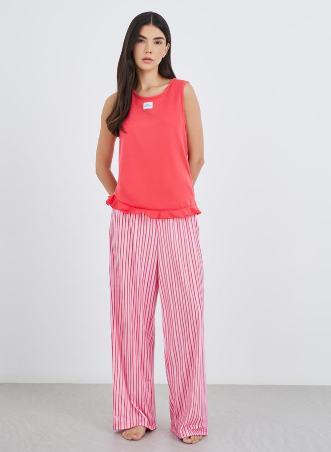Styli Women Coral Patch Detail Tank and Striped Placket Detail Pyjama Set - Image 2