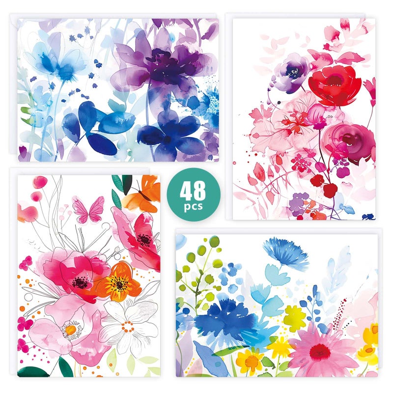 FUHITIM 48 Pack Blank Cards and Envelopes, Watercolor Flowers Blank Greeting Cards, Blank Cards for All Occasion - Image 1