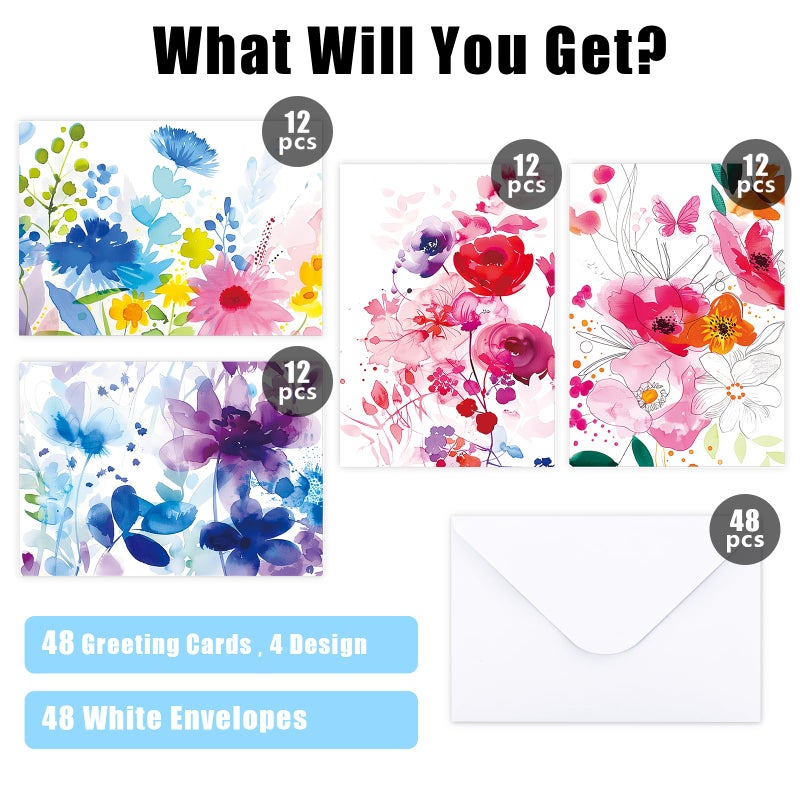 FUHITIM 48 Pack Blank Cards and Envelopes, Watercolor Flowers Blank Greeting Cards, Blank Cards for All Occasion - Image 2