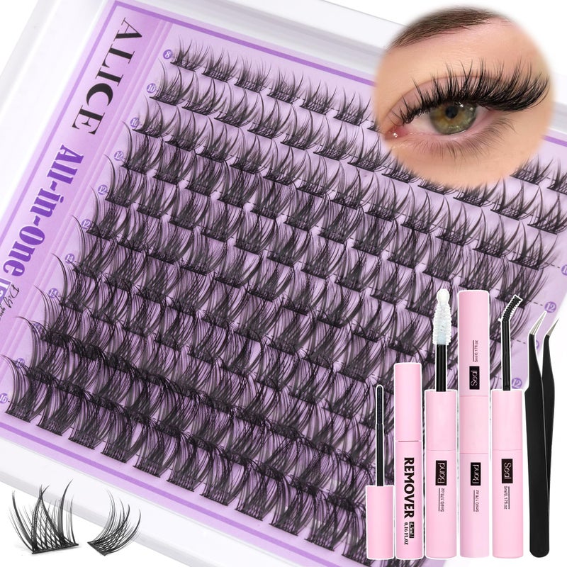 Alice Wispy Lash Clusters Kit Natural Lash Extensions Kit DIY Cluster Eyelash Extensions C-Curly 8-16mm Individual Lashes Kit with Lash Remover Black Bond and Seal Soft Thin Band by ALICE - Image 1