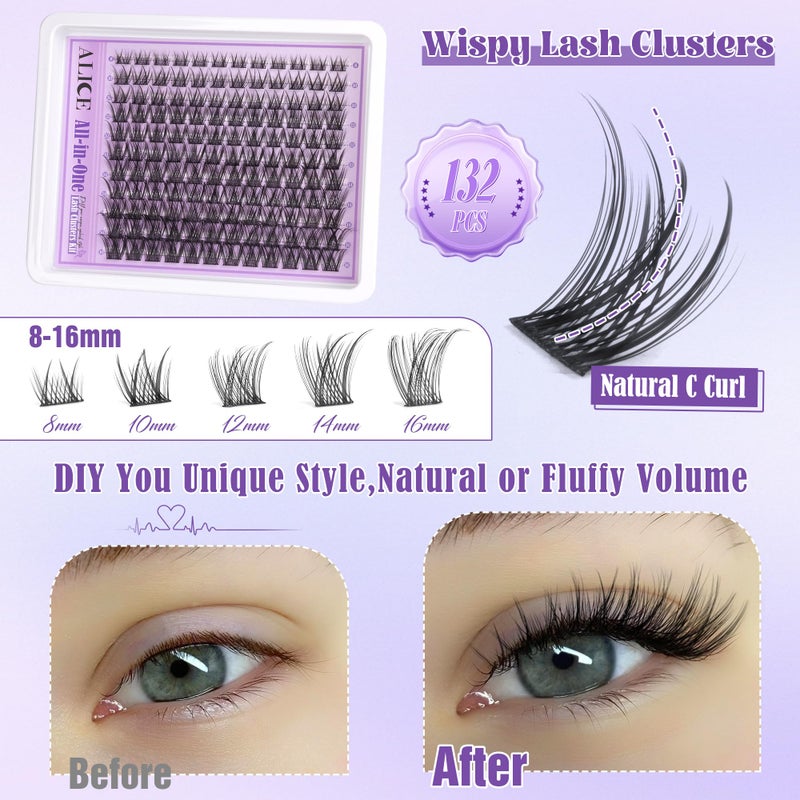 Alice Wispy Lash Clusters Kit Natural Lash Extensions Kit DIY Cluster Eyelash Extensions C-Curly 8-16mm Individual Lashes Kit with Lash Remover Black Bond and Seal Soft Thin Band by ALICE - Image 5