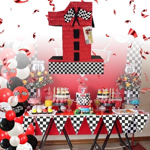 A Pinata 4 U APINATA4U Number One Race Car Pinata Red Checkered Flag for First Birthday Racing Theme Party Supplies Race Track Decor Kids Pinata Boys 1st Birthday Race Car Checkered Flag Design - Image 5