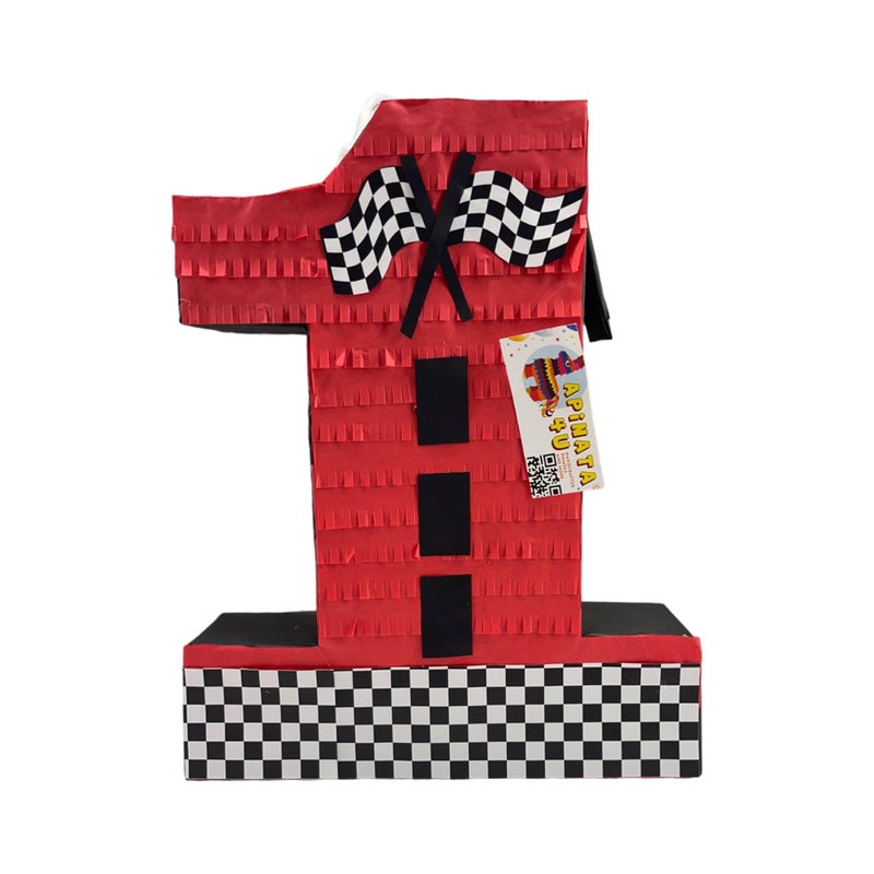 A Pinata 4 U APINATA4U Number One Race Car Pinata Red Checkered Flag for First Birthday Racing Theme Party Supplies Race Track Decor Kids Pinata Boys 1st Birthday Race Car Checkered Flag Design - Image 3